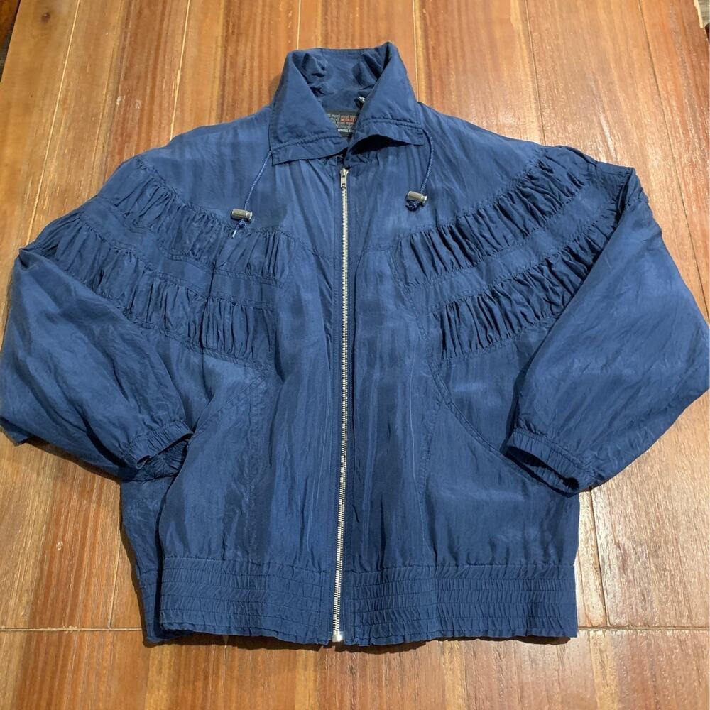 Vintage 80s 90s Blue Track 100% Silk Jacket Windbreaker M